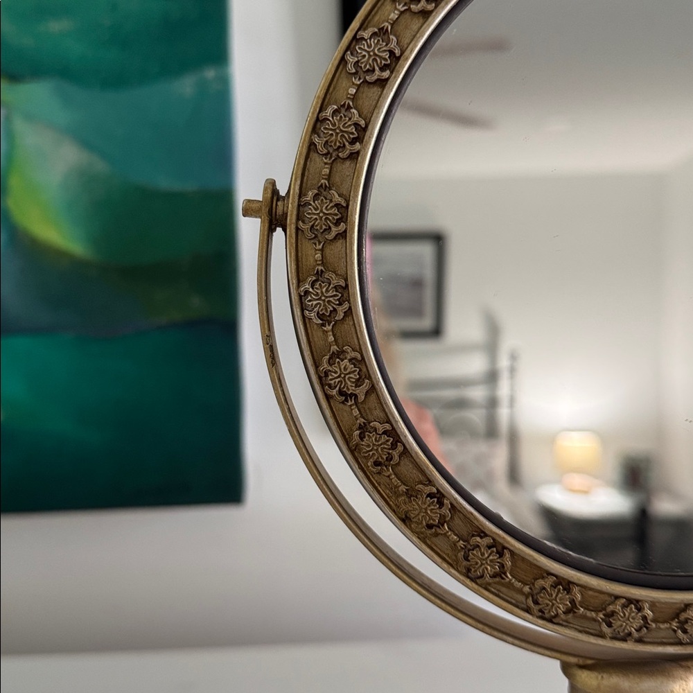 Vintage Gold Tone Two Sided Swivel Round Vanity Stand Alone Make Up Mirror AS IS - Picture 7 of 12